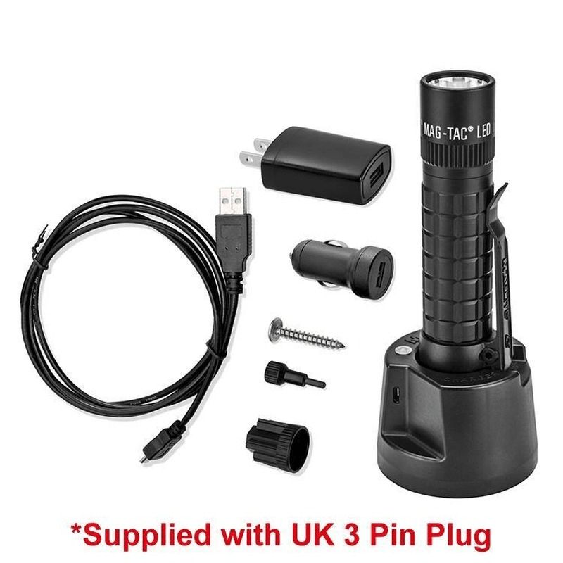 Maglite MagTac LED rechargeable flashlight with rugged aluminum construction, crowned bezel, and versatile power settings.