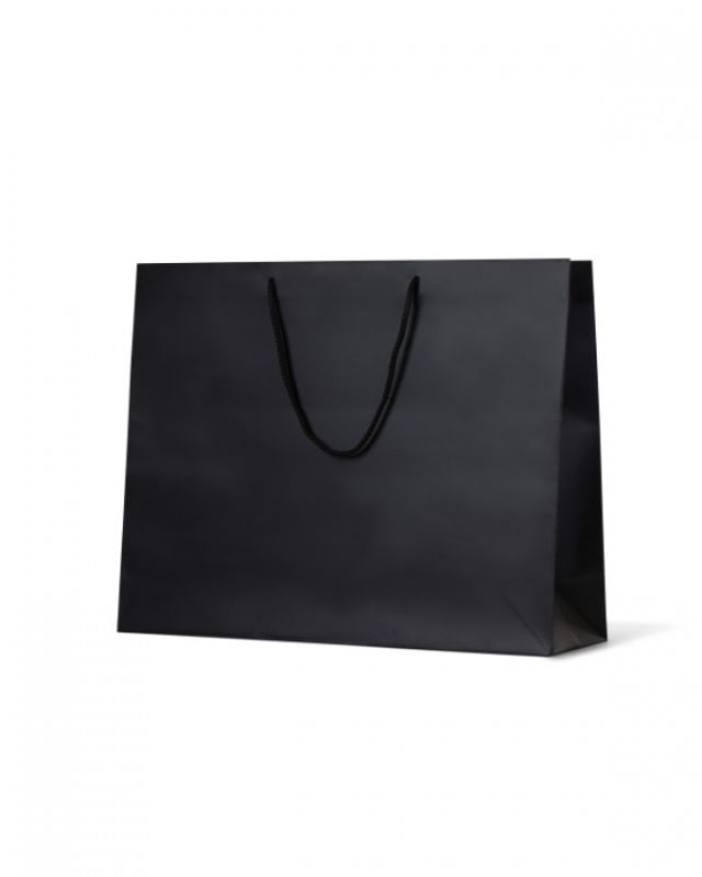 Black Laminated Matte Galleria Bags, 50-pack, stylish, durable, ergonomic rope handle, perfect for homewares and gifts.