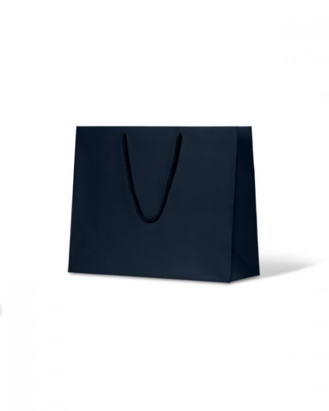 Navy laminated matte bags with rope handles, ideal for clothing and homeware, pack of 50 for stylish packaging solutions.