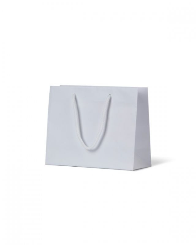 Laminated Matte Petite Bags in white, 200-pack, ideal for small items, featuring a rope handle and block bottom design.