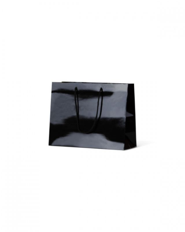 Black laminated bags with a gloss finish, featuring a rope handle and block bottom, perfect for medium items - pack of 100.
