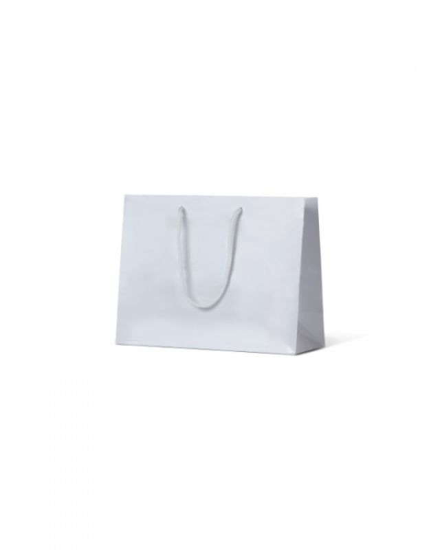 Pack of 100 elegant laminated gloss ruby and white bags with rope handles, perfect for medium items and stylish presentations.