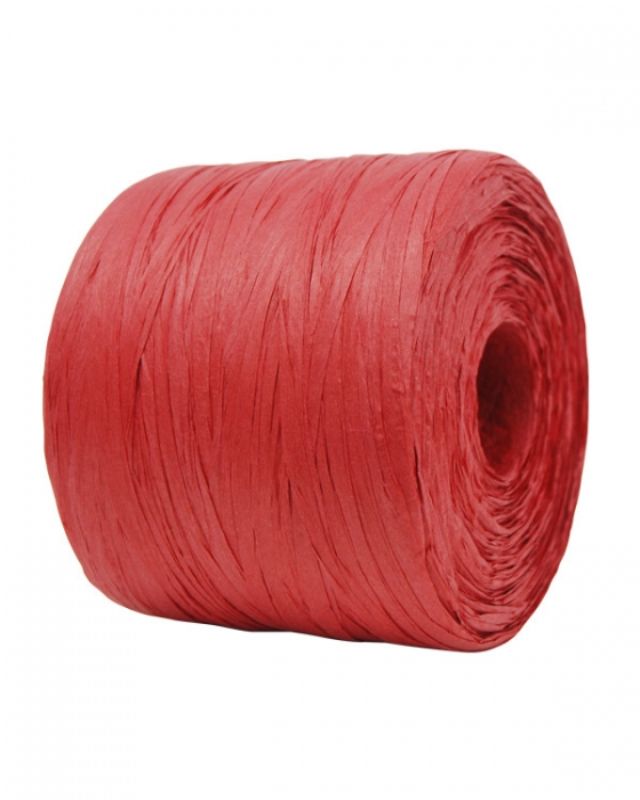 Vibrant red paper raffia ribbon, 4mm wide and 500m long, perfect for crafting, gift-wrapping, and decorations.