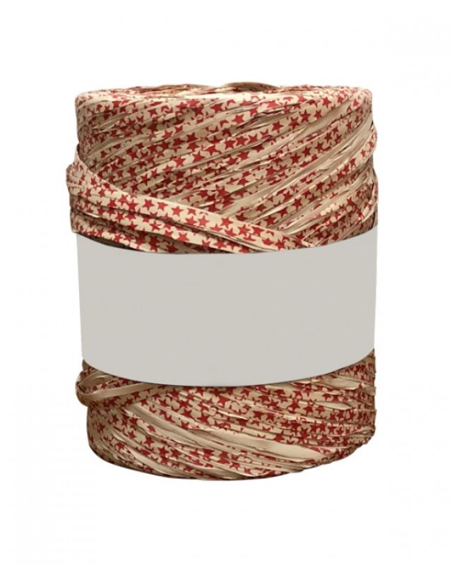 Vibrant red on natural raffia ribbon, 5mm wide and 200m long, ideal for elegant gift-wrapping and DIY projects.