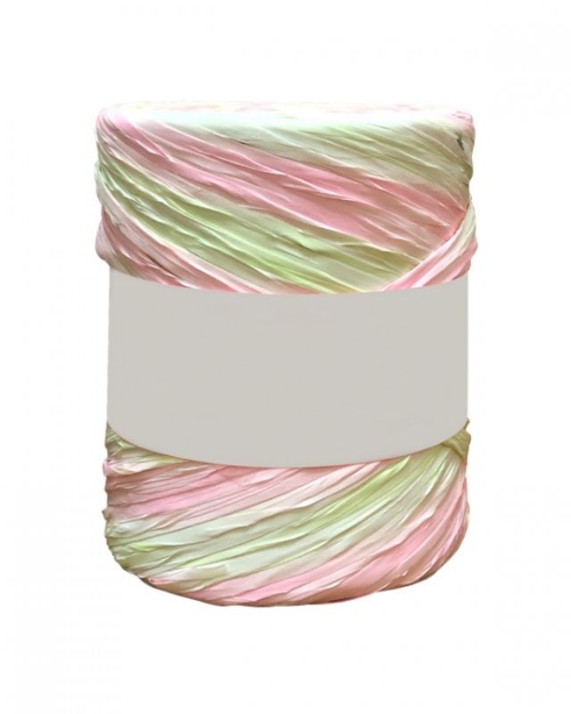 Vibrant pink and green tri-colour raffia ribbon, 5mm x 200m, ideal for gift wrapping and crafting projects.
