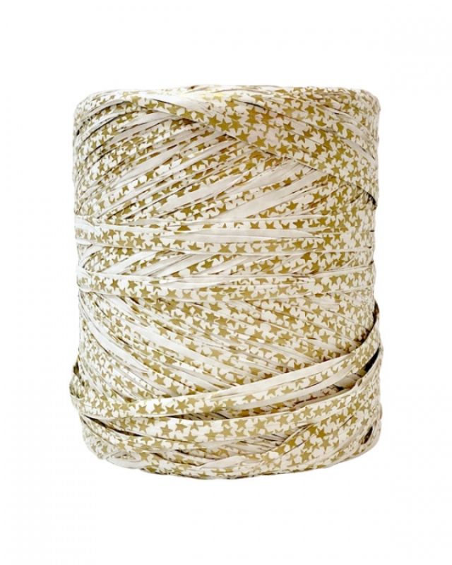 Gold on white star raffia ribbon, 5mm x 200m, perfect for elegant gift-wrapping and crafting projects.