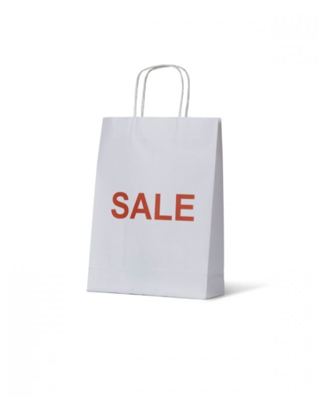 White Kraft small paper bag with red 'Sale' printing, recyclable, 350mm high, perfect for eco-friendly promotions.
