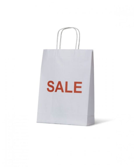 White Kraft small paper bag with red 'Sale' printing, recyclable, 350mm high, perfect for eco-friendly promotions.