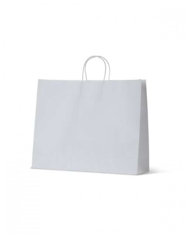 White Kraft boutique paper bags with sturdy handles, recyclable materials, and generous dimensions; pack of 250 for eco-friendly businesses.