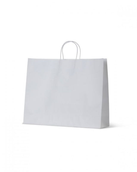 White Kraft boutique paper bags with sturdy handles, recyclable materials, and generous dimensions; pack of 250 for eco-friendly businesses.