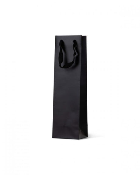 Deluxe black wine bottle bags with a matte finish and twill ribbon handles, perfect for gifting wine elegantly. Pack of 100.