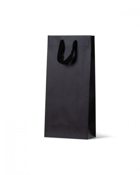 Elegant black double wine bags with matte finish and ribbon handles, perfect for gifting wine at special occasions.