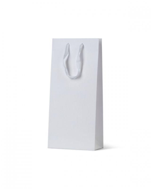 Deluxe white double wine bags with twill ribbon handles, matte laminate finish, for elegant gifting in bulk. Pack of 100.