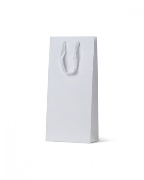 Deluxe white double wine bags with twill ribbon handles, matte laminate finish, for elegant gifting in bulk. Pack of 100.