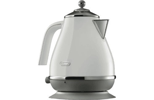 DeLonghi Icona Capitals Sydney Kettle in white, 1.7L capacity, stylish, cord-free, with 360-degree swivel base and water level indicator.