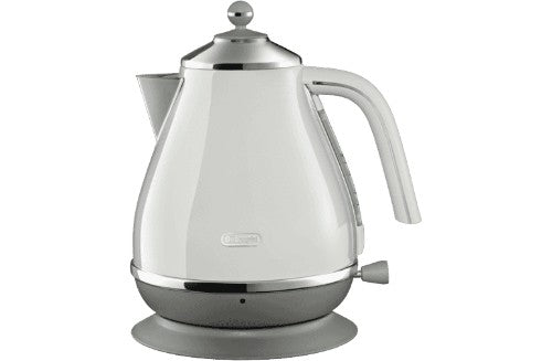 DeLonghi Icona Capitals Sydney Kettle in white, 1.7L capacity, 360-degree swivel base, and water level indicator for easy use.