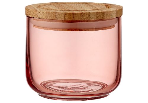 Peach-colored glass canister, 9cm size, perfect for stylish organization in home decor or storage needs.
