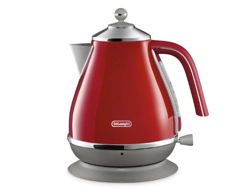 DeLonghi Icona Capitals Kettle in Tokyo Red, 1.7L capacity, 360° cordless design, and detachable lid for easy use and cleaning.