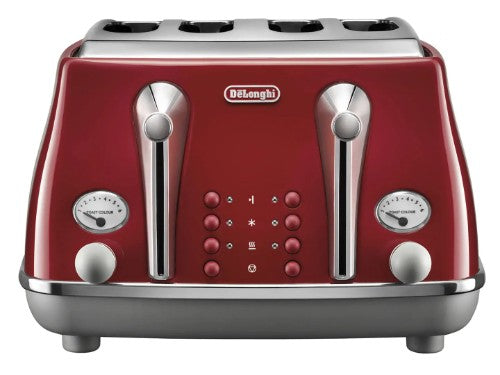 DeLonghi Icona Capitals Four Slice Toaster in Tokyo Red, featuring wide slots, bagel function, and sleek stainless steel design.