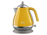 Stylish yellow DeLonghi kettle with 1.7L capacity, 360° cordless design, detachable lid, and removable pouring filter.