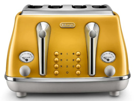 Four-slice DeLonghi toaster in New York Yellow with stainless steel finish, wide slots, bagel, and defrost functions.