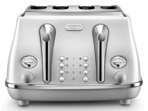 DeLonghi Icona Capitals Four Slice Toaster in matte white, featuring 4 slots, bagel & defrost functions, and easy-clean crumb trays.