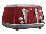 DeLonghi Icona Capitals Four Slice Toaster in Tokyo Red with four slots, bagel button, and sleek stainless steel design.