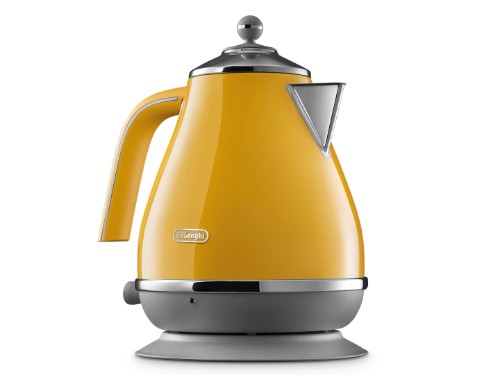 Yellow DeLonghi Icona Capitals Kettle with retro style, 1.7L capacity, cordless design, and stainless steel finish.