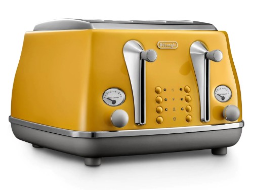 DeLonghi Icona Capitals Four Slice Toaster in New York Yellow, featuring four wide slots, bagel and defrost functions, and dual crumb trays.