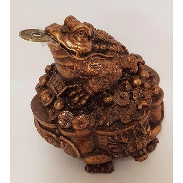 Antique gold resin money frog ornament, 12x16x13 cm, symbolizing prosperity and elegance for home decor.