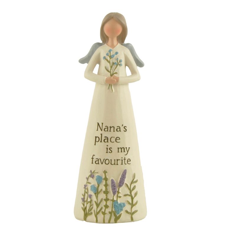 Nana Angel Figurine 13cm featuring 'Nana's Place Is My Favourite' inscription, perfect for home decor and gifting.