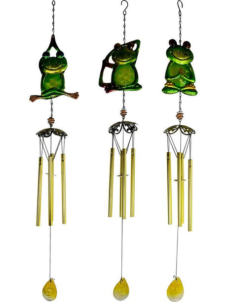 Assorted set of 3 green glazed yoga frog wind chimes, 76cm, creating soothing sounds for outdoor tranquility.