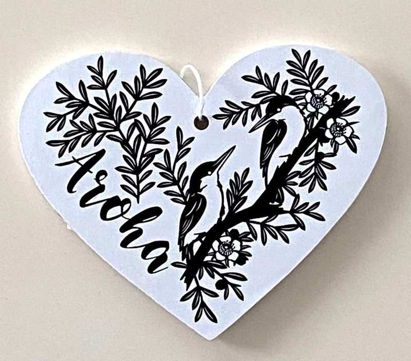 Ornament - MDF Heart N/Bird Aroha 12cm (Set of 12)