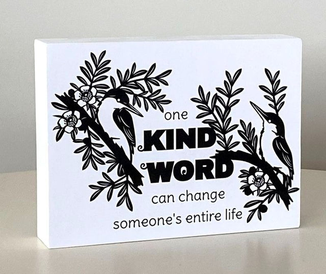 Set of 2 stylish 20cm MDF blocks with kind words, perfect for home decor and inspiring positivity.