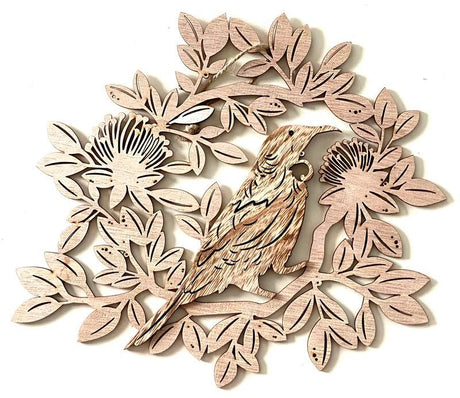 Set of 3 MDF Tui wall art pieces, each 28cm, featuring intricate designs for stylish home decor.