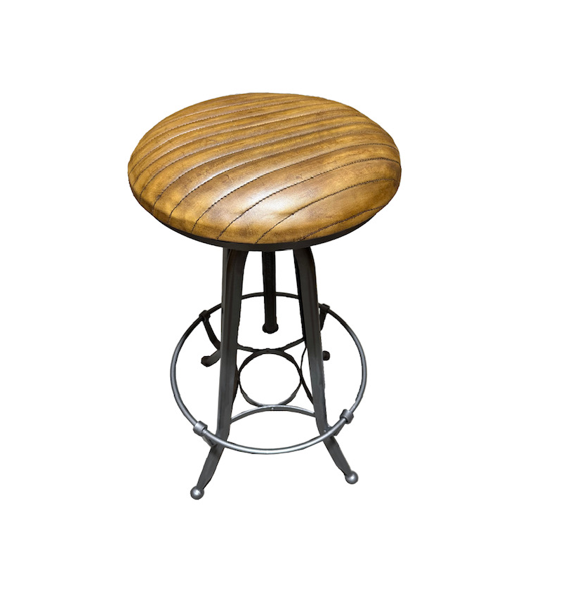 Industrial leather barstool with adjustable height, robust metal frame, and stylish design, perfect for contemporary and rustic decor.