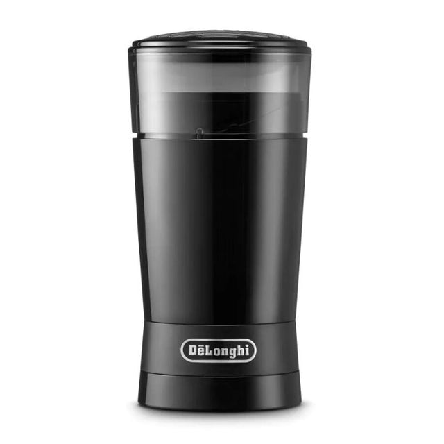 DeLonghi KG200 Grinder in sleek black, featuring stainless steel blades and a 90g bean hopper for versatile coffee grinding.