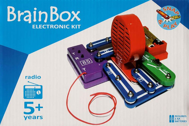 Colorful Brain Box FM Radio Exp Kit for kids 6+, featuring snap-together components for easy assembly and educational fun.