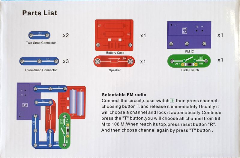 Brightly colored components of the Brain Box FM Radio Exp Kit, designed for kids 6+, enabling easy assembly of a DIY FM radio.