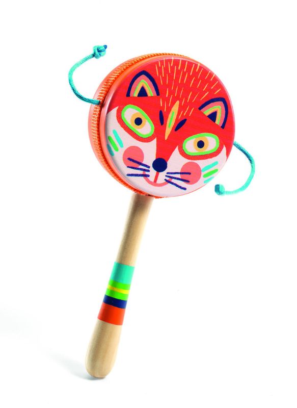 Set of 3 lightweight handle drums by Djeco featuring playful tiger design, perfect for fostering music and sensory exploration.