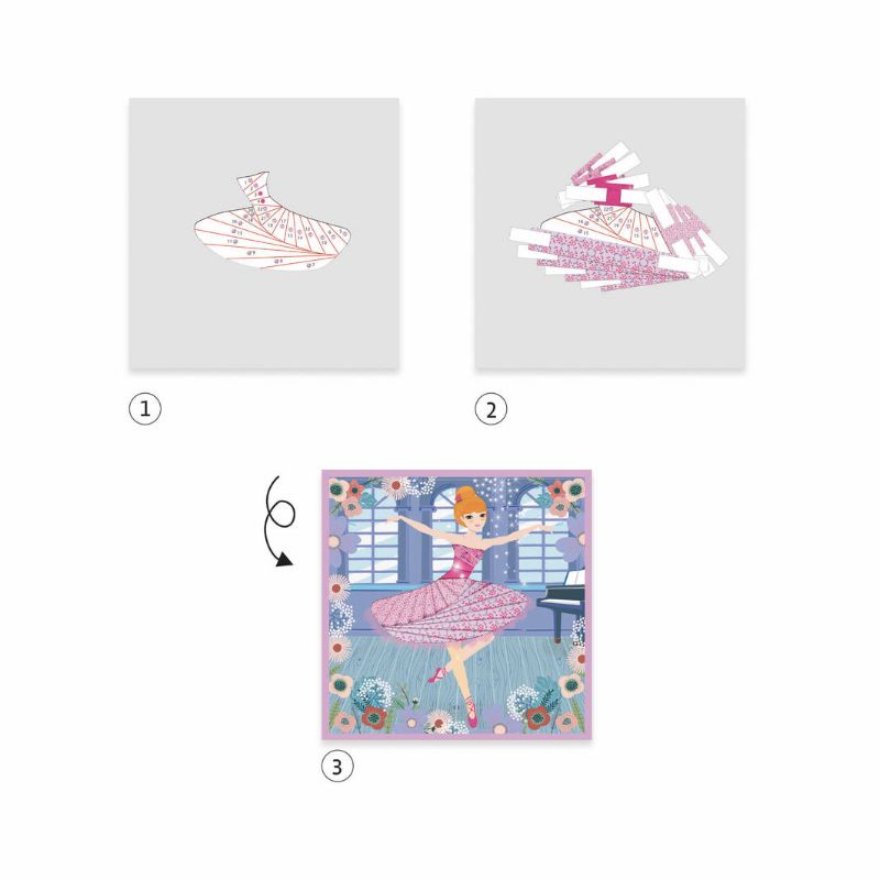 Craft kit featuring colorful paper strips to create elegant dancers' dresses through Iris Paper Folding, designed for ages 7 to 13.