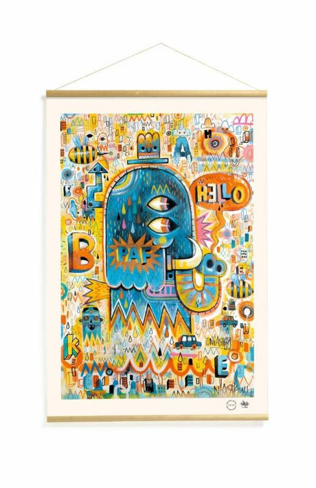 Colorful wall hanging featuring limited edition street art on tear-proof paper, perfect for inspiring creativity in children's rooms.