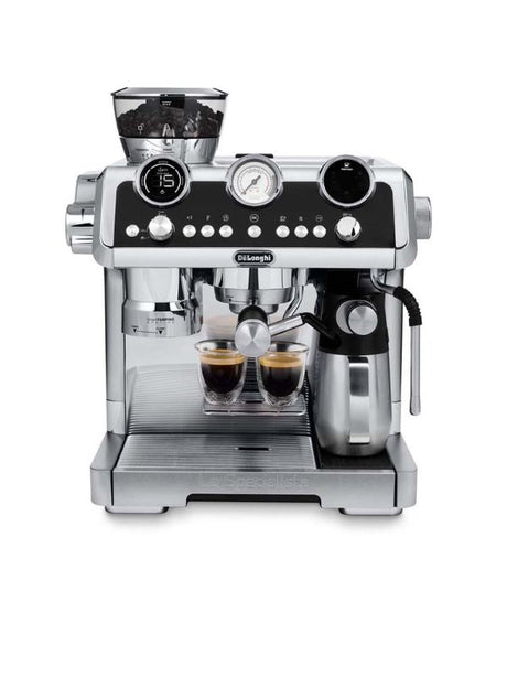 DeLonghi La Specialista Maestro coffee machine with precision grinding, smart tamping, and dual milk systems for café-quality beverages.