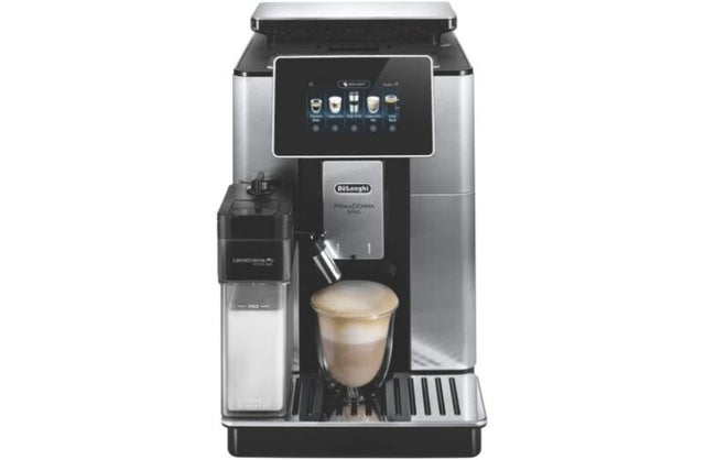 Sleek DeLonghi Primadonna Soul automatic coffee machine with 4.3" touchscreen, 19-bar pressure, and 2.2L water tank.