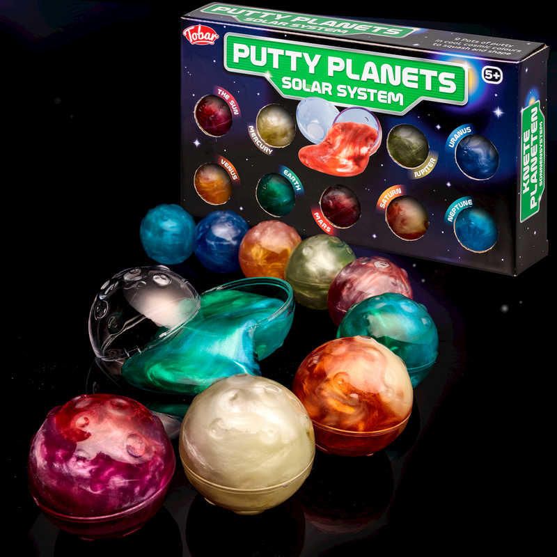 Vibrant putty planets in various colors, perfect for hands-on learning about the solar system for kids aged 5 and up.