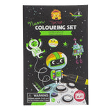 Vibrant Neon Colouring Set with 36 space-themed pages, markers, and stickers for creative kids aged 5 and up.