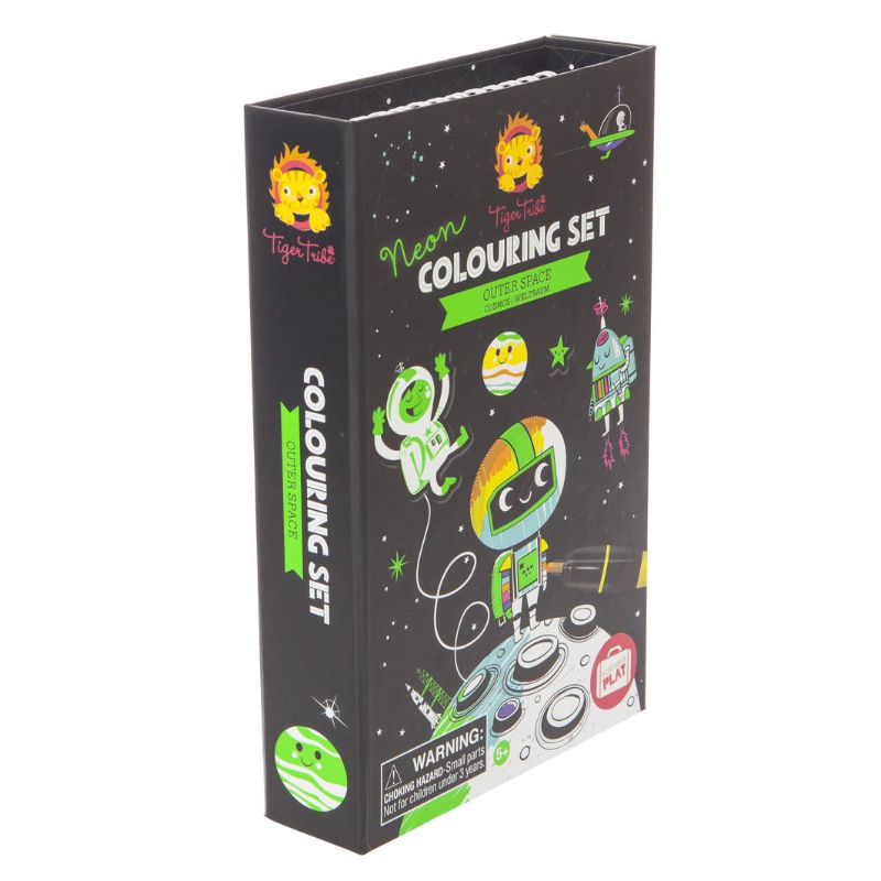 Vibrant Neon Colouring Set - Space by Tiger Tribe with 36 pages, double-sided markers, and themed stickers for creative kids.