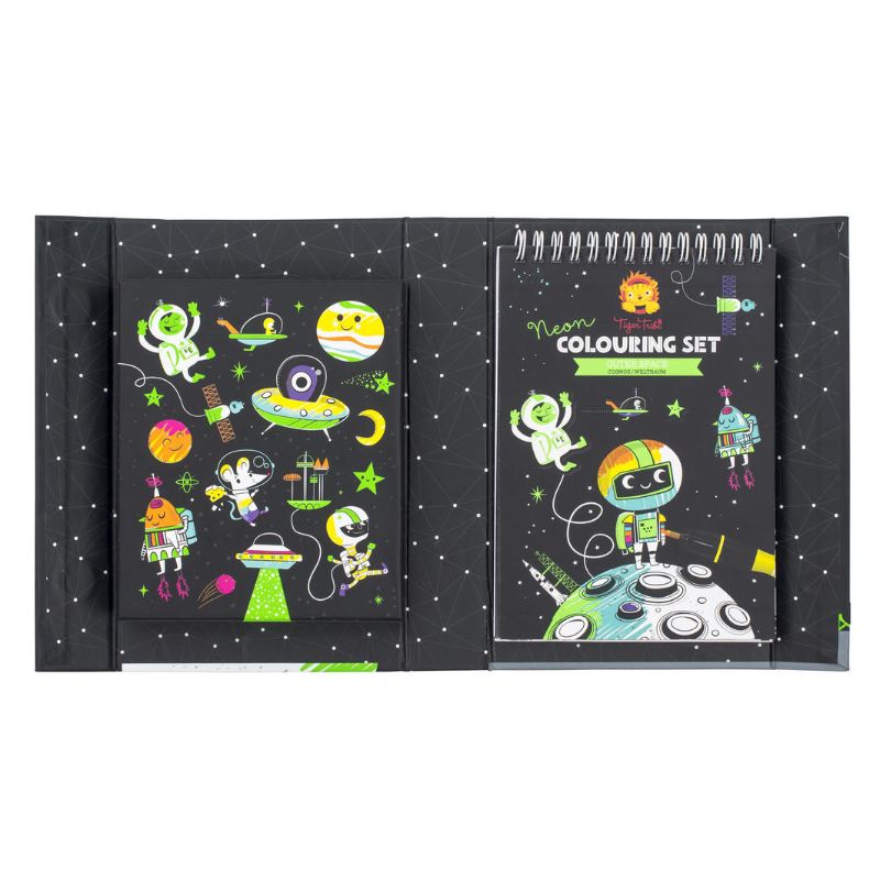 Neon Colouring Set - Space by Tiger Tribe: 36 illustrated pages, 3 double-sided markers, and themed stickers for creative fun.