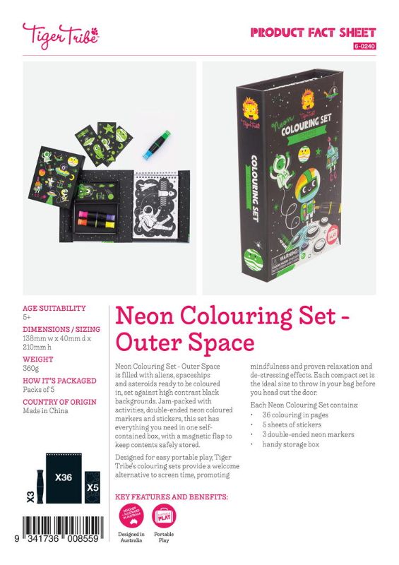 Vibrant Neon Colouring Set - Space by Tiger Tribe with 36 pages, markers, and stickers for creative kids aged 5 and up.