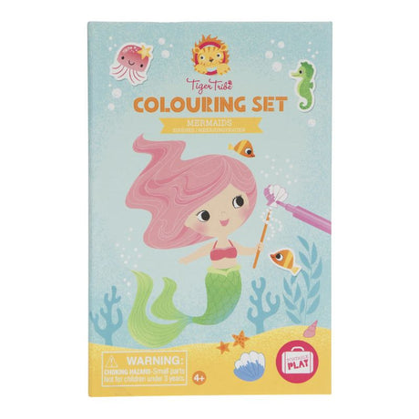 Colouring Set - Mermaids by Tiger Tribe with 36 pages, 10 markers, and stickers for creative play and fine motor skill development.